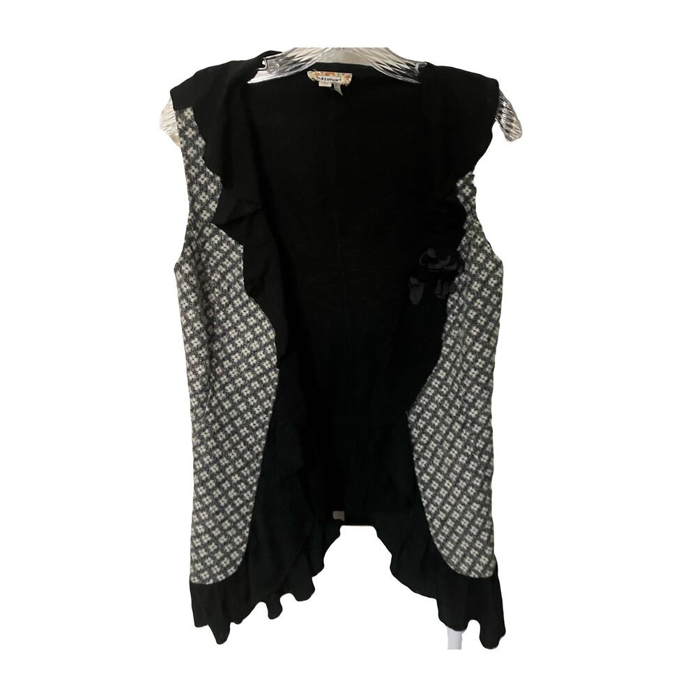 Lulumari Vest Women's M Gray Tweed Black Drape Ruffle Fringe Open Front Boho